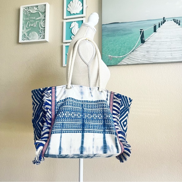 Tie-Dye Boho Beach Shoulder Bag Tote Blue Medium - Picture 5 of 15